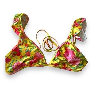 Nordstrom Yellow and Pink Floral String bikini triangle top flutter sleeve NEW L